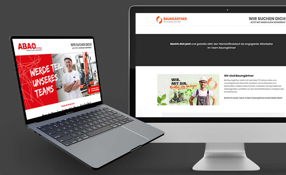 AB3 Talents – Webdesign im Detail Laptop und Monitor mit zwei verschiedenen Ansichten einer AB3 Talents Website, Fokus auf modernes, responsives Webdesign.