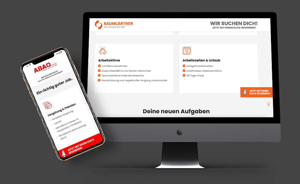 AB3 Talents – Benefits im Überblick Darstellung von Mitarbeiter-Benefits auf einem Monitor und Smartphone im AB3 Talents Design mit Icons und kurzen Texten.