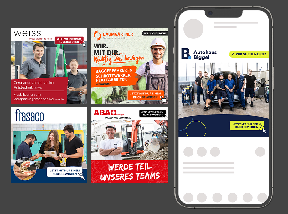 AB3 Talents – Social-Media-Ads Mehrere Social-Media-Posts von AB3 Talents im Hochformat, daneben ein Smartphone mit Gruppenbild und gelben CTA-Elementen.