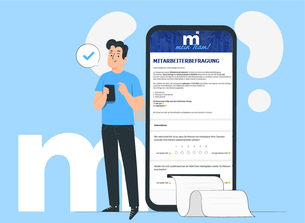 Matrium Umfrage Illustration Illustration eines Mannes mit Smartphone neben großem Mobilgerät, das eine digitale Umfrage von Matrium zeigt; im Hintergrund große Fragezeichen auf blauem Grund.