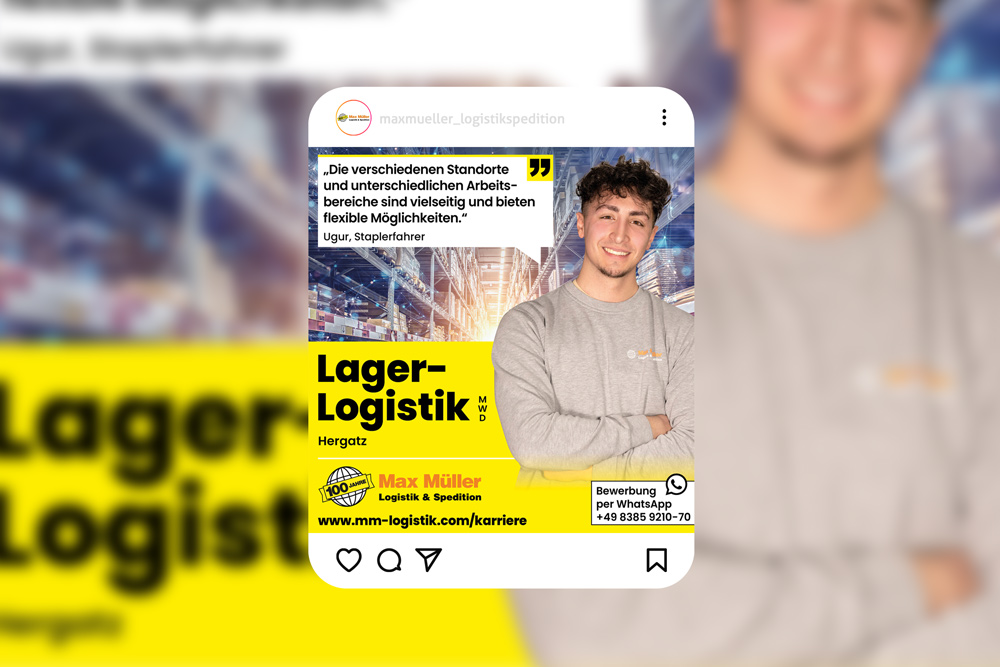 Social-Media-Beitrag mit jungem Mann vor gelbem Hintergrund und dem Titel „Lagerlogistik“, daneben Text und Berufsinformationen im typischen Instagram-Layout.