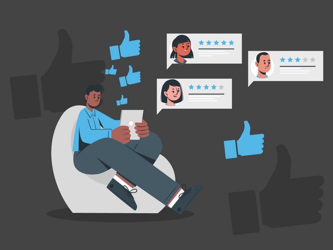 Ab3T Stellenanzeigen Illustration einer Person mit Laptop auf einem Sessel, umgeben von Bewertungs‑ und Like‑Symbolen.