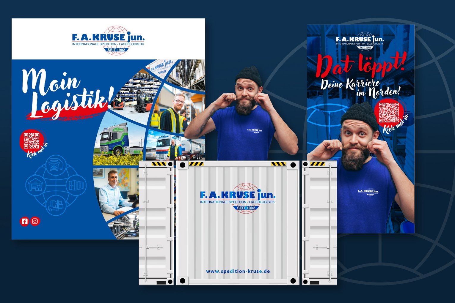 Drei Werbebilder für F.A. Kruse jun. Spedition zeigen Lastwagen, Mitarbeiter und Slogans zu Logistik und Karriere im Norden, darunter ein Container mit Firmenlogo. Ein Mann in blauer Firmenkleidung zieht lächelnd an seinen Bartspitzen.