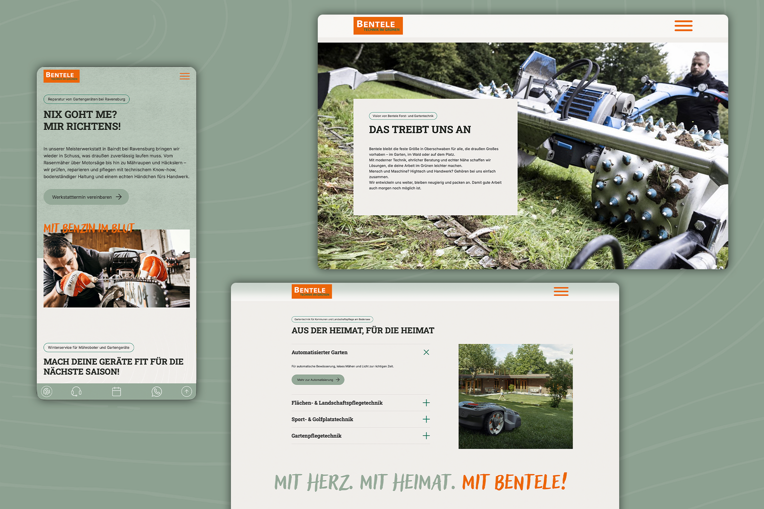 Die Website zeigt automatisierte Gartentechnik und robuste Maschinen für Landschaftspflege. Hauptbild: Ein Gerät mit großen rollenartigen Rädern, das Gras und Boden bearbeitet, bedient von einem Mann im Freien. Text betont Heimatverbundenheit und technische Innovation.
