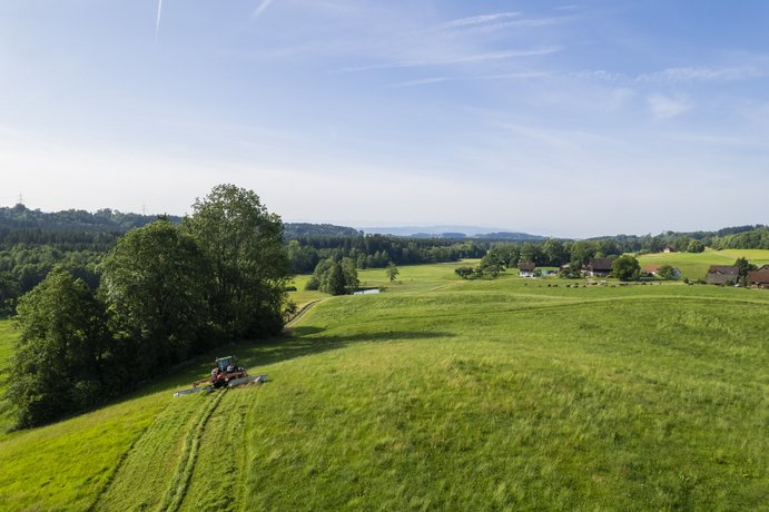Traktor auf einer Weide Ein Traktor macht Heu auf einer Weide, im Hintergrund Wald sowie Berge.