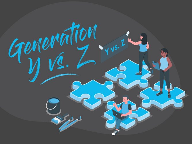 Ab3T Generation Y vs. Z Illustration mit Personen auf Puzzlestücken und Schriftzug „Generation Y vs. Z“.
