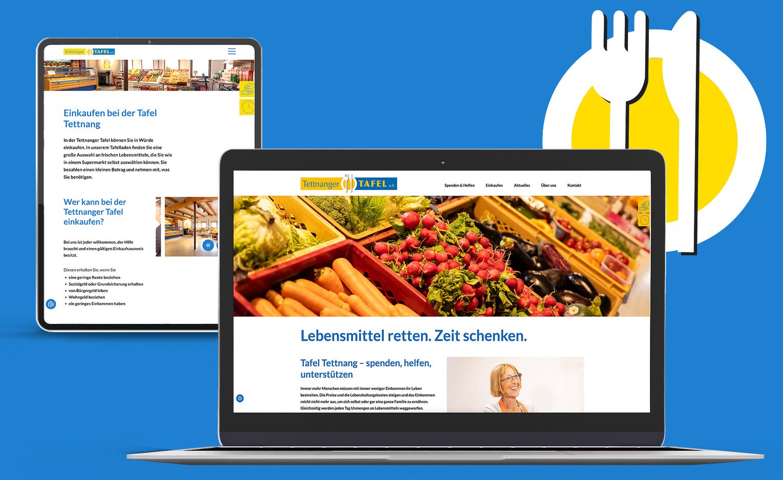 Laptop und Tablet zeigen die Webseite der Tettnanger Tafel mit Lebensmittelauswahl
