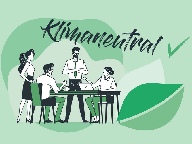 Klimaneutrales Unternehmen Bloggrafik Mitarbeiter sitzen an einem Tisch. Rechts sieht man ein Blatt, das für die Nachhaltigkeit steht.