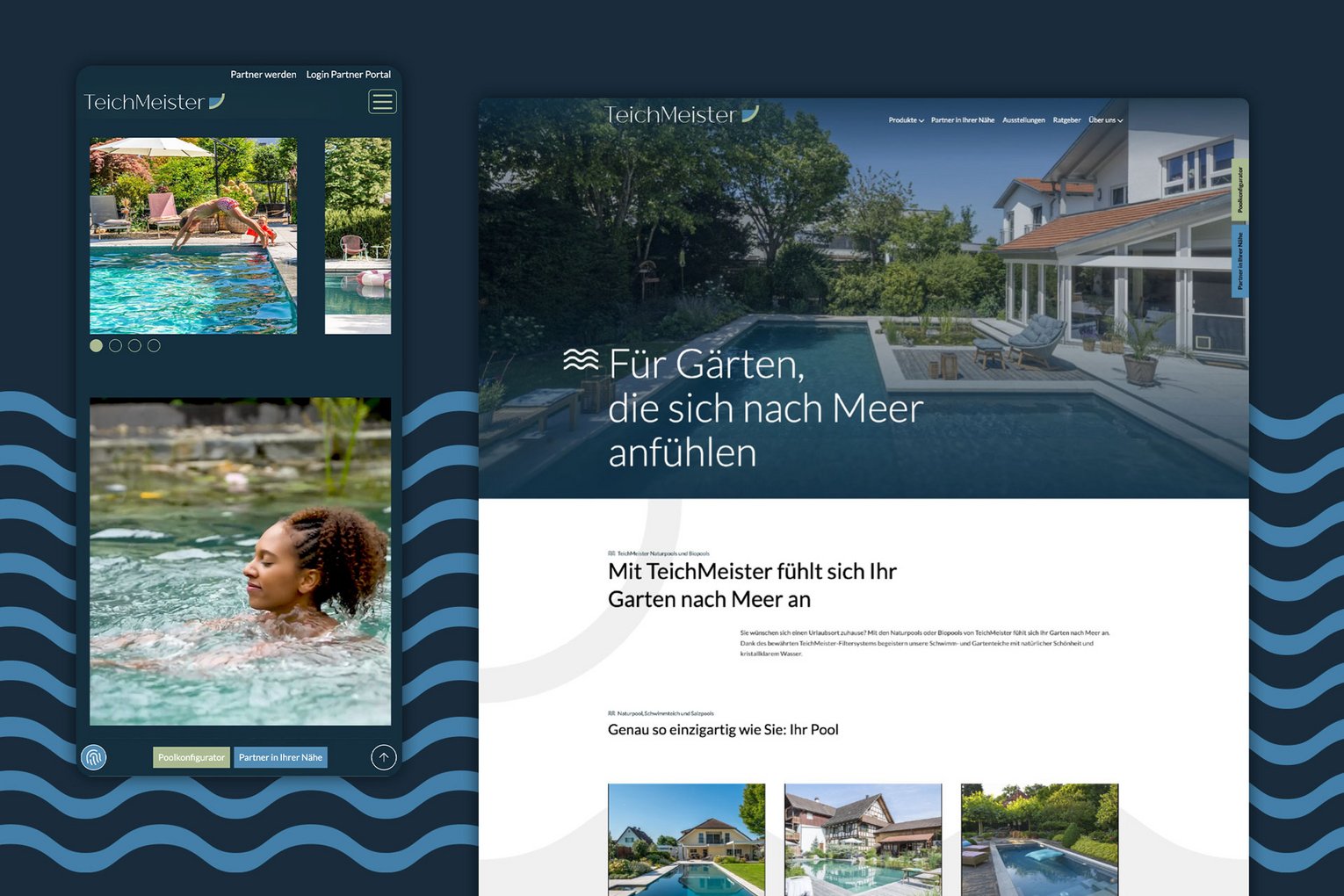 Website-Ansicht von TeichMeister mit Bildern von Pools und Gärten, die eine entspannende Atmosphäre vermitteln, sowie Texten, die Pools mit Meergefühl beschreiben.