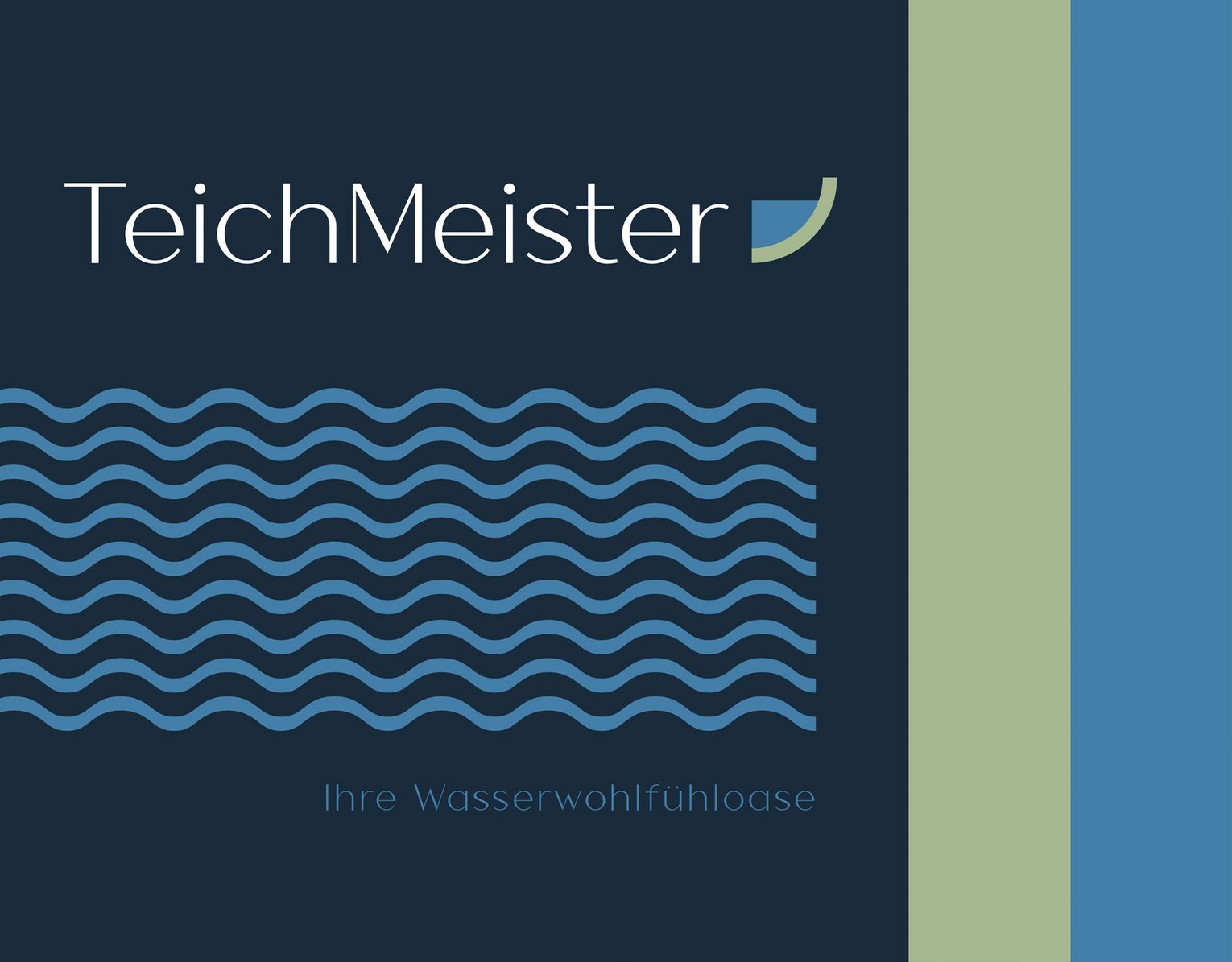 Logo von TeichMeister mit wellenförmigen Linien und dem Slogan Ihre Wasserwohlfühloase auf dunklem Hintergrund.