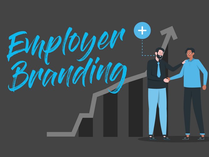 Ab3T Employer Branding Illustration mit zwei Personen vor einer aufsteigenden Treppe und Text "Employer Branding“.