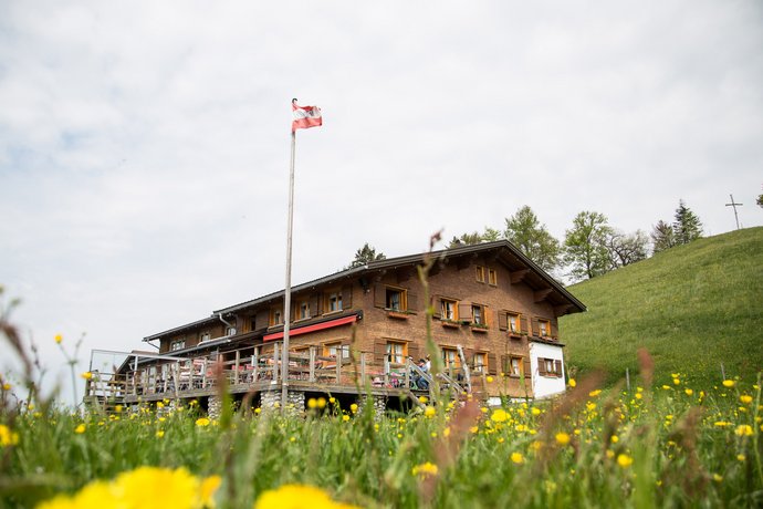 Landgasthof in den Alpen mit grüner Wiese, Butterblumen und österreichischer Fahne