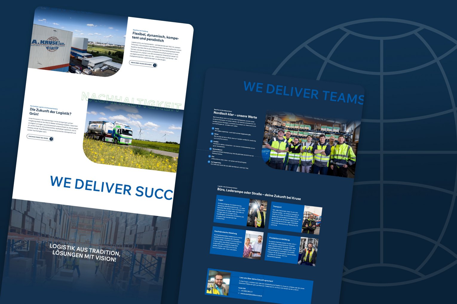 Zwei Beispiele für Webseitendesigns mit dem Schwerpunkt Logistik, darunter Bilder von Lastwagen und Teams in Warnwesten, ergänzt durch Text zu Firmenvision und Teamarbeit. Hintergründe zeigen stilisierte Weltkugel-Grafiken.