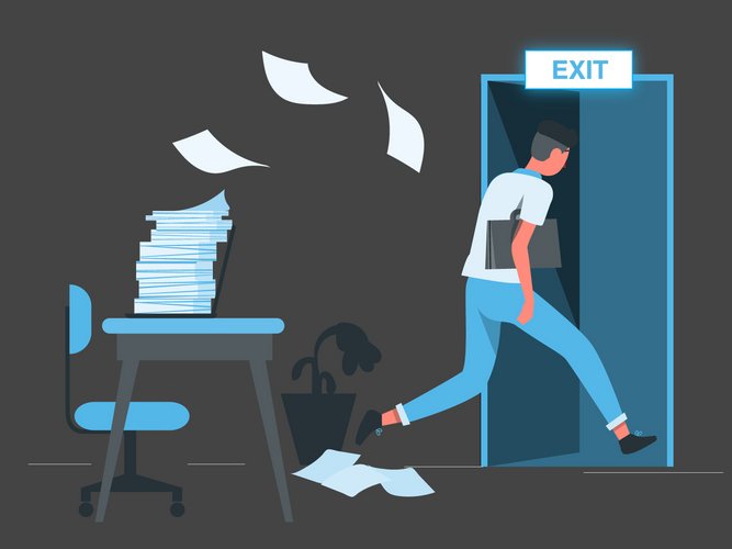 Ab3T Mitarbeiterfluktuation Illustration eines Mitarbeiters der eine Tür verlässt, Papierblätter fliegen im Büro.