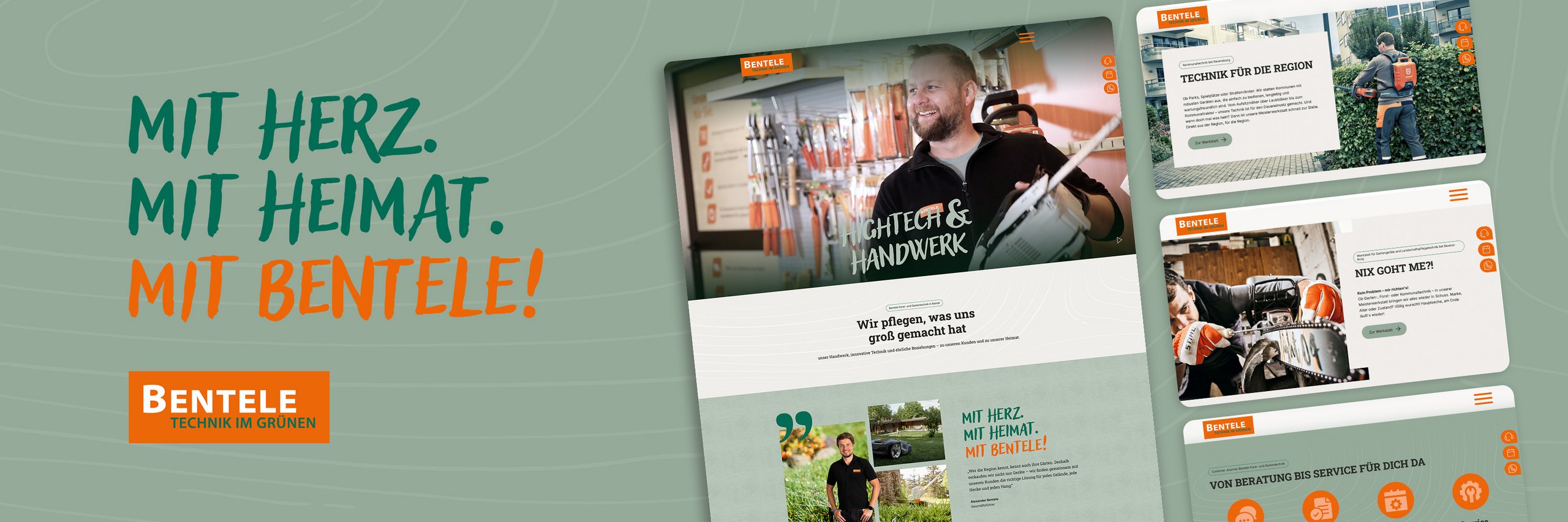 Website-Ansicht von Bentele mit Slogan „Mit Herz. Mit Heimat. Mit Bentele!“ und Bildern von Handwerkern, die technische Arbeiten ausführen, sowie Infos zum Unternehmen und Engagement in der Region.