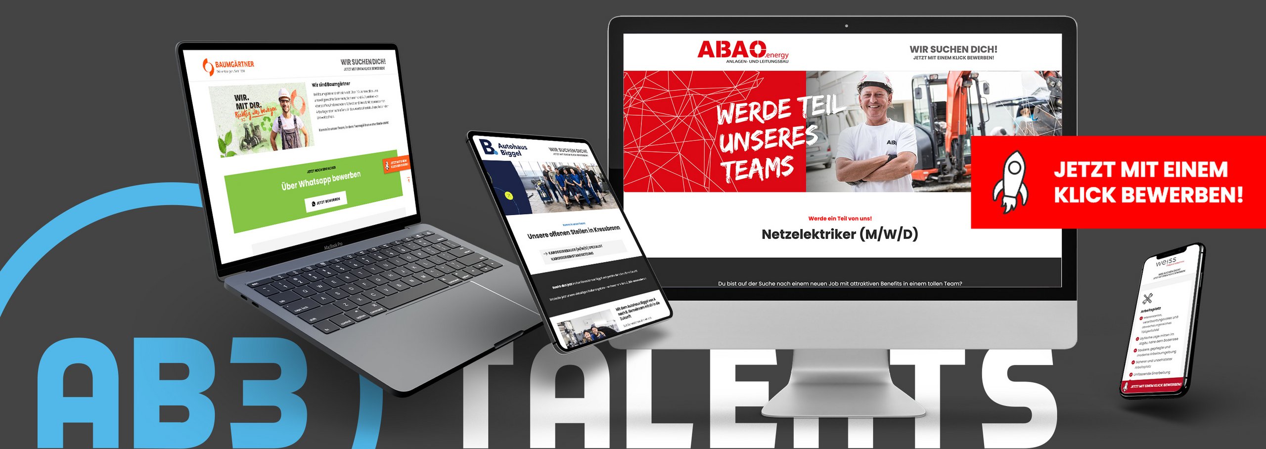 AB3 Talents – Recruiting Header Headergrafik mit AB3 Talents Logo, Smartphone und Desktop-Ansicht eines Karriereportals in Rot und Schwarz.
