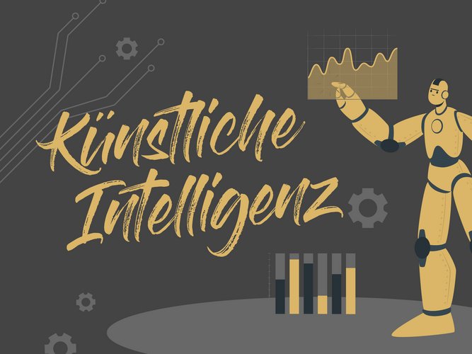 Illustration mit dem Titel "Künstliche Intelligenz", zeigt einen Roboter, der auf ein Diagramm mit steigenden Werten zeigt, umgeben von Zahnrädern und Datenvisualisierungen in Gelb- und Grautönen.