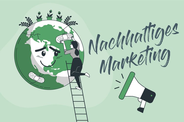 Nachhaltiges Marketing Bloggrafik Frau mit Leiter auf Weltkugel und klebt Pflaster