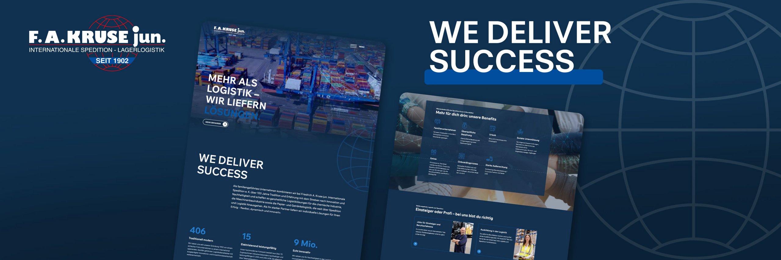 Werbeflyer von F. A. Kruse jun. mit dem Slogan We Deliver Success und Informationen zu Logistikdienstleistungen vor dunklem Hintergrund mit stilisierter Weltkugel.