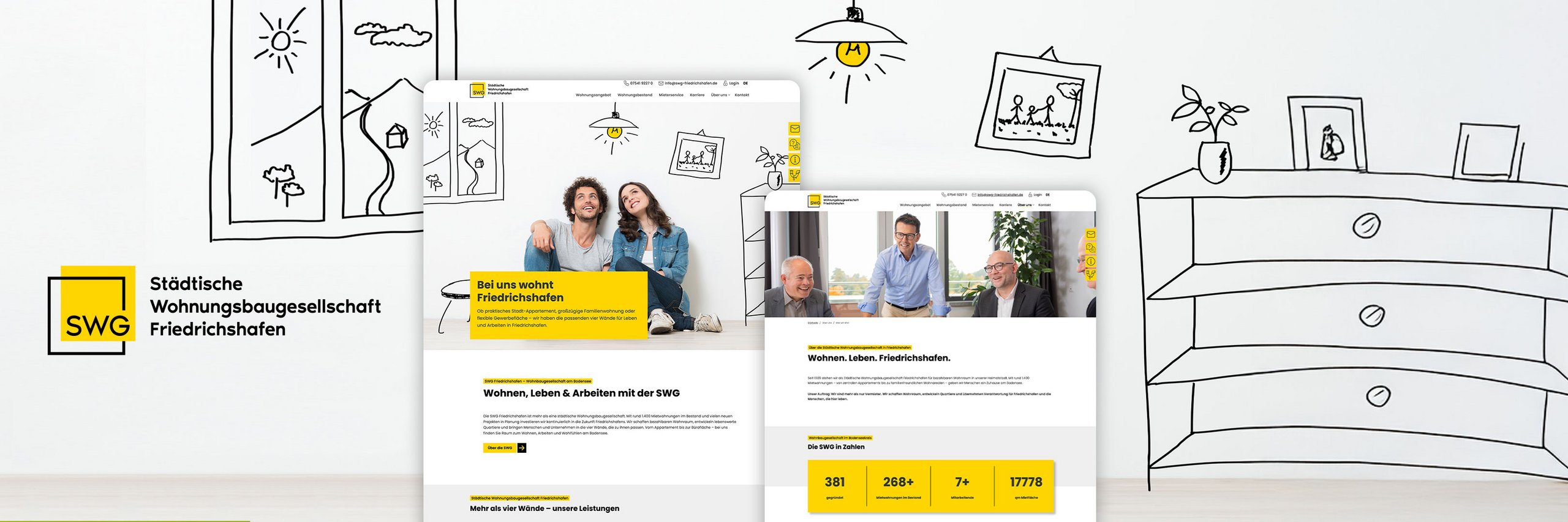 Digitale und gedruckte Werbematerialien der SWG mit dem Slogan „Bei uns wohnt Friedrichshafen“ vor gezeichneter Wohnkulisse auf weißem Hintergrund.