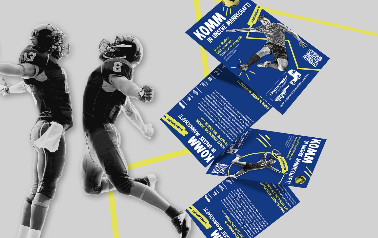 FIWA Print-Flyer Zwei Sportler neben einem aufgeklappten blauen FIWA-Flyer mit gelbem Design auf hellem Hintergrund.