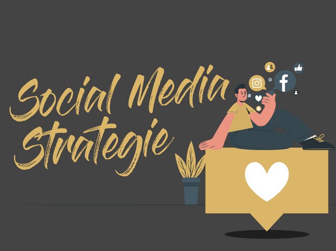llustration eines jungen Mannes mit Smartphone, der auf einem Like-Symbol sitzt, umgeben von Social-Media-Icons wie Instagram und Facebook, daneben der Schriftzug ‚Social Media Strategie.